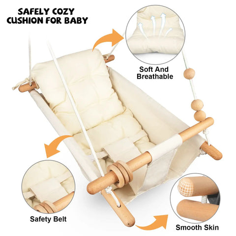 Cream colored portable baby swing with adjustable ropes and 5-point safety belt, suitable for indoor and outdoor use.