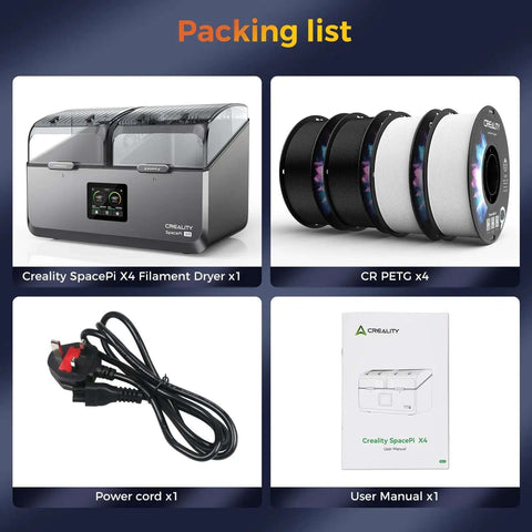 Packaging list showing Space Pi X4 Filament Dryer For Four Spools, four CR PETG spools, power cord, and user manual