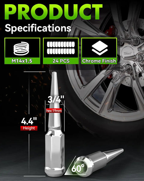 24 Pack Chrome Spike Lug Nuts M14x1.5 Closed End With 60 Degree Conical Bulge Seat, 3/4 hex, 4.4" height, chrome finish