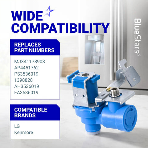 MJX41178908 Refrigerator Water Inlet Valve Replacement Fits LG And Kenmore Refrigerators shown with compatible part numbers list