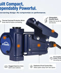 Built Tough 12V Fuel Transfer Pump Pushes Up To 15 Gpm With Solid Manual Nozzle And Flexible Hose, featuring integrated nozzle rack.