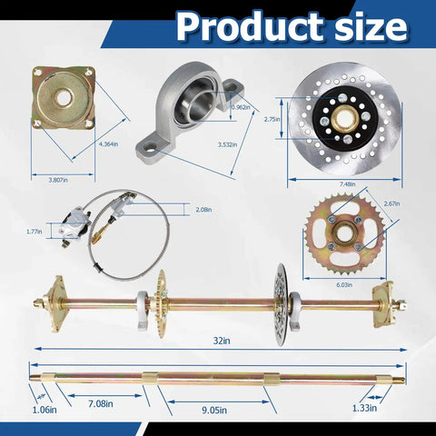 32 Inch Go Kart Axle Kit With Shaft And Hub Chain Brake Master Cylinder And Sprocket Replacement for Go Kart ATV, shown disassembled