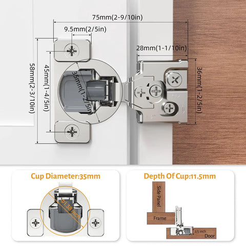 60 Pack 1/2 Inch Overlay Soft Close Concealed Hinges For Face Frame Kitchen Cabinets with detailed measurements and design.