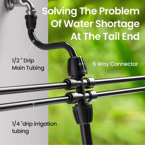 Image showing a 6-way connector attached to 1/2" drip main tubing and 1/4" drip irrigation tubing, preventing water loss.