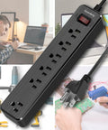 Six-Outlet Surge Protector Power Strip With 4.5 Ft Extension Cord, 900 Joules Of Protection, Overload Switch, Black in use