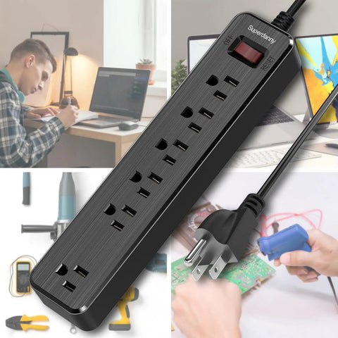 Six-Outlet Surge Protector Power Strip With 4.5 Ft Extension Cord, 900 Joules Of Protection, Overload Switch, Black in use