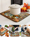 Thanksgiving Dish Drying Mat Set For Kitchen Counter, Pumpkin Harvest Maple Leaf Wood Grain Design, Absorbent Microfiber, 16x18 inches