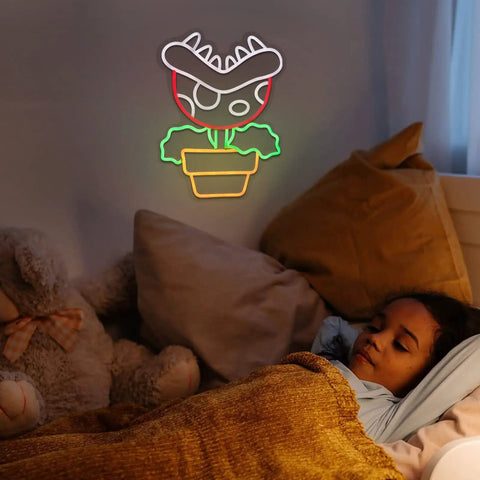 Piranha Plant LED Neon Sign Night Light For Super Mario Fans, Dope Retro Arcade Bedroom Decor With Dimmer Switch glowing by bed.