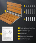 Wall Mounted Folding Shower Seat With Wood Bench, 400 lb Load Capacity, assembly parts, rust proof stainless steel frame shown