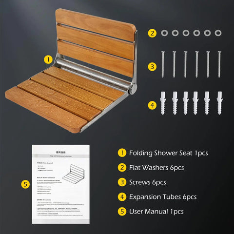 Wall Mounted Folding Shower Seat With Wood Bench, 400 lb Load Capacity, assembly parts, rust proof stainless steel frame shown