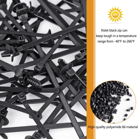 Universal Nylon Cable Tie Buckle Clips Kit 160 Pcs Self Locking Zip Ties with push pin anchors shown in black nylon.
