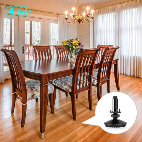 Dining room with hardwood table and 4 chairs, inset showing 4 Pack M10 Adjustable Leveling Feet for stability, black finish, anti-slip pads.