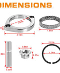 No Sweat Exhaust Gasket Flange Install Kit dimensions image showing chrome nuts, clamps, washers, and sizes for classic V Twin motorcycles.