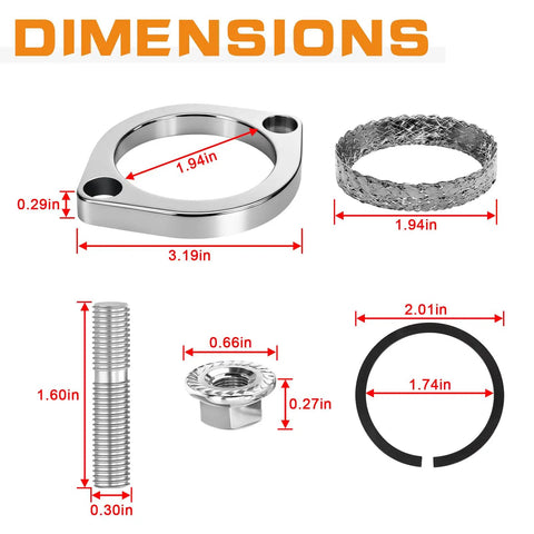 No Sweat Exhaust Gasket Flange Install Kit dimensions image showing chrome nuts, clamps, washers, and sizes for classic V Twin motorcycles.