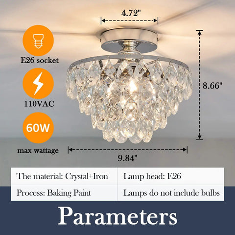 Crystal Chandelier Ceiling Light Semi Flush Mount With E26 Base In Silver Chrome Finish Dope Sparkling Crystal Fixture For Hallways Bedrooms Bathrooms Closets And Foyers Bulbs Not Included 110V 60W, showing dimensions and specifications.