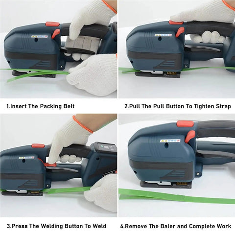 Step-by-step guide using the Heavy Duty Handheld Electric Strapping Machine With 4000Mah Battery Hot Melt Baler Tool.