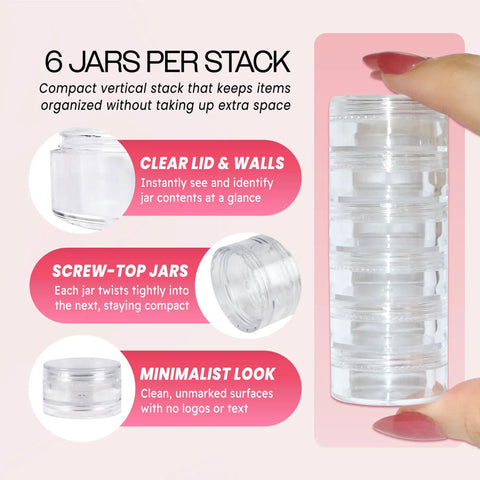 Stackable Clear Cosmetic Jars With Screw Caps Bulk Pack For Craft Supplies Buttons Beads Coins, showing six jars in a vertical stack, clear design.