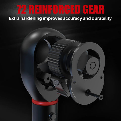 Close-up of 72 reinforced gear mechanism on Three Eighth Inch Drive Click Torque Wrench With Five To Forty Five Foot Pound Range