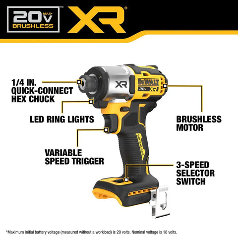 Killer 20V Max Brushless Hammer Drill And Impact Driver Combo Kit With Dual Powerpack Batteries side view with features highlighted.