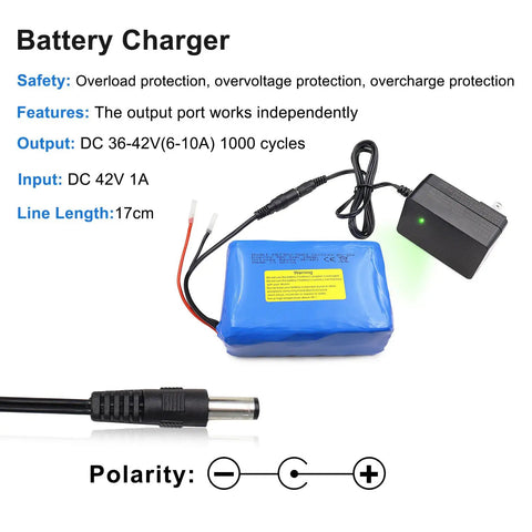 Battery charger with polarity indicator and 36V 5Ah Rechargeable Li-ion Battery Pack With Built-In 10A BMS laid on white surface.