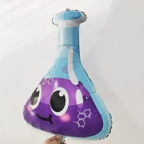 Colorful flask balloon with smiling face, part of Six Pack Jumbo Flask Foil Balloons For Mad Scientist Party Decor Beaker Mylar Balloons.
