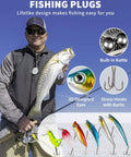 Angler holding fish with Ultimate 380 Pcs Fishing Lures Kit For Bass, Trout, And Salmon details like plugs, hooks, and rattles.