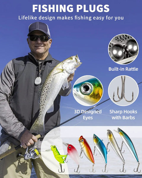 Angler holding fish with Ultimate 380 Pcs Fishing Lures Kit For Bass, Trout, And Salmon details like plugs, hooks, and rattles.