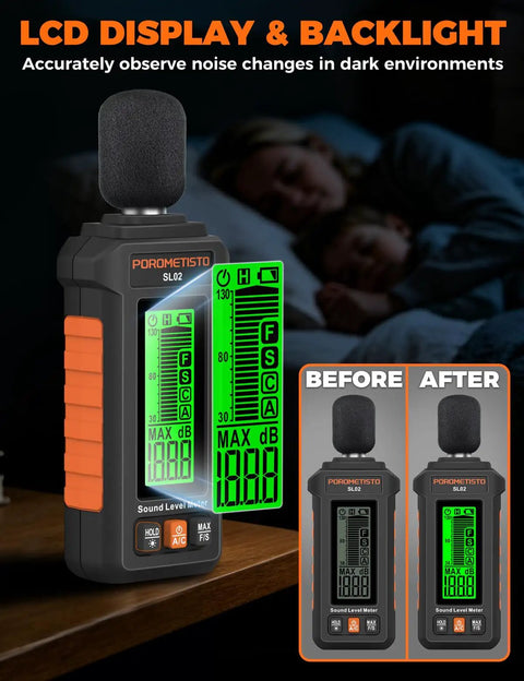 Pro Grade Sound Level Meter With 30 To 130 dB Range, A And C Weighting, Fast And Slow Response Modes, Ultra Accurate For Environmental Noise Monitoring, Workplace Safety, And Sound Checks., handheld sound level meter with LCD backlight and before-after display