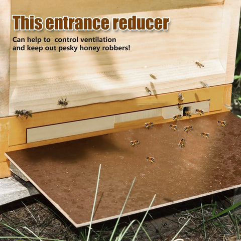 Wooden beehive entrance with bees, featuring 5 Pack Beehive Entrance Reducers for 10 Frame Hives, Wood Beekeeping Ventilation Doors.