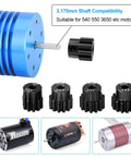 OGRC Steel Hardened 32P Pinion Gears Set 10T 11T 12T 13T 14T With 3.175mm Shaft For Traxxas Arrma HSP HPI Axial Tamiya Losi One Tenth Scale RC Cars And Buggies, close-up of gears and motor