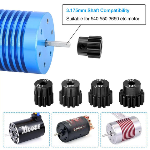 OGRC Steel Hardened 32P Pinion Gears Set 10T 11T 12T 13T 14T With 3.175mm Shaft For Traxxas Arrma HSP HPI Axial Tamiya Losi One Tenth Scale RC Cars And Buggies, close-up of gears and motor
