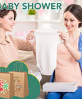 Baby shower scene with women using Bulk Kraft Paper Gift Bags With Handles 8x4.5x10 Inches 200 Pack Durable 110Gsm Brown Paper Bags.