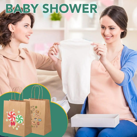 Baby shower scene with women using Bulk Kraft Paper Gift Bags With Handles 8x4.5x10 Inches 200 Pack Durable 110Gsm Brown Paper Bags.
