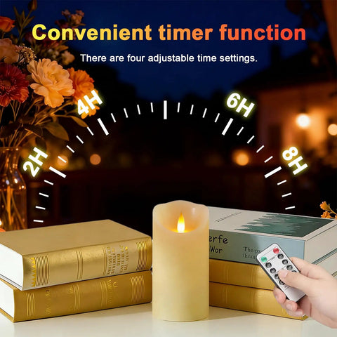 Rechargeable Flameless Candles 3 Pack With Extra Bright Ivory LED Pillars displayed with a remote and timer settings