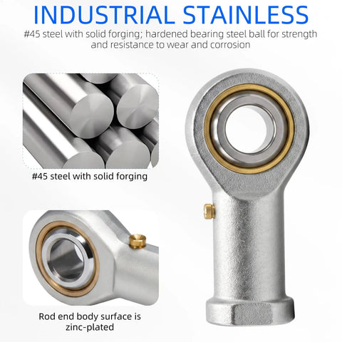 Heavy Duty PHSB4 Rod End Bearing One Quarter Inch Bore One Quarter Twenty Eight Right Hand Thread Chrome Plated Steel Build Rock Solid For Steering And Suspension Built To Take A Beating With Jam Nuts Included, detailed view of zinc-plated rod end with hardened bearing.