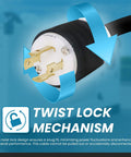 Badass Heavy Duty Twist Lock Extension Cord 30 Amp 480 Volt Nema L16-30 Generator Cable 8/4 SOOW Industrial Wire showing twist lock mechanism.