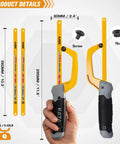 KATA mini hacksaw front view with 10-inch aluminum frame, yellow handle, two flexible bi-metal blades