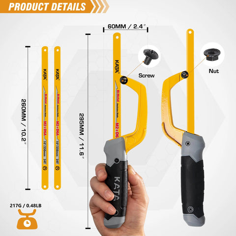 KATA mini hacksaw front view with 10-inch aluminum frame, yellow handle, two flexible bi-metal blades