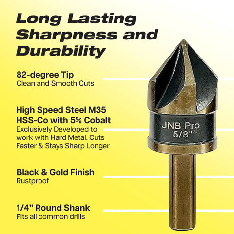 Pro Grade Heavy Duty Countersink Bit Set For Steel With Five Flute 82 Degree M35 Cobalt HSS 5/8 inch size with 1/4 inch shank
