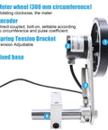 Heavy Duty Digital Length Meter Counter With Tracking Wheels No Sweat Setup Measures Feet Inches Meters Yards Built Tough Power Off Memory close-up showing meter wheel and encoder.