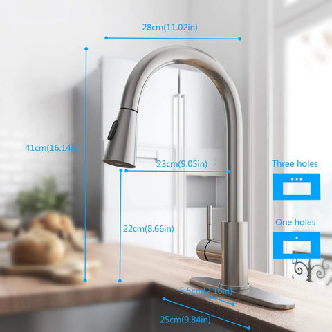 YZZY Single Handle Kitchen Sink Faucet with Pull Down Sprayer Stainless Steel Single Hole Bar Faucet High Arc Chrome, with adjustable measurements.
