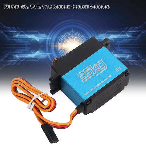 Beefed Up 35Kg Coreless Digital Servo With Fully Waterproof Housing And Heavy Duty Stainless Gears For 1/8 1/10 1/12 Scale RC Cars And Trucks Quick Response, showing blue aluminum casing and servo wires.