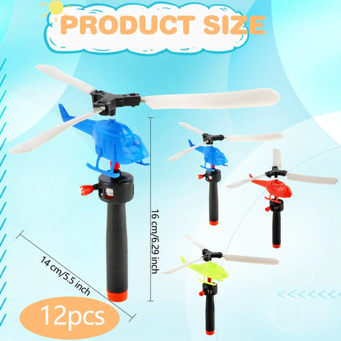 Epic 12 Pack Handheld Flying Helicopters And Plastic Airplane Toys For Kids, product size 16x14cm shown with handle and blades.