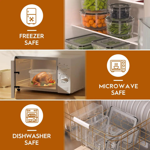 Image showing 40 Piece Airtight Food Storage Container Set With Lids, Leak Proof Meal Prep Containers, BPA Free PVC Free Plastic in freezer, microwave, and dishwasher safe settings.