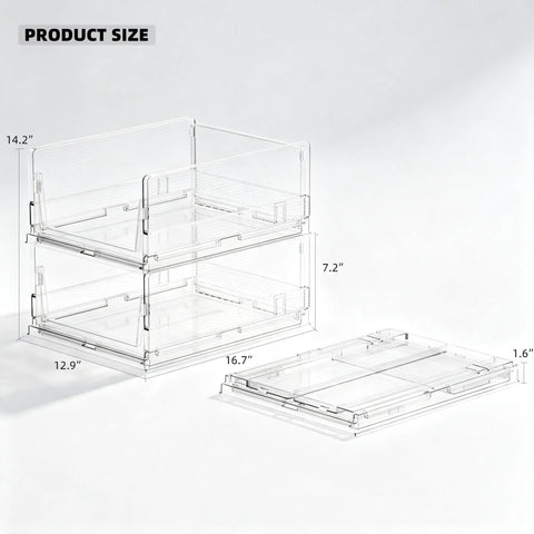 Xlarge Stackable Storage Bins 2 Pack Clear Crystal PET Baskets showcasing dimensions for organized closet use.