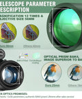 12x56 High Power Monocular Telescope For Adults With Smartphone Adapter Tripod showing lens size comparison and optic details.