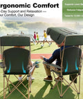 Two people sitting in Canopy Camping Chair Foldable With Sun Shade For Beach And Outdoors Your Go To Portable Folding Chair With Two Cup Holders And Storage Bag Ideal For Camping Fishing And Sports Olive Green 2 Pack on a sports field.