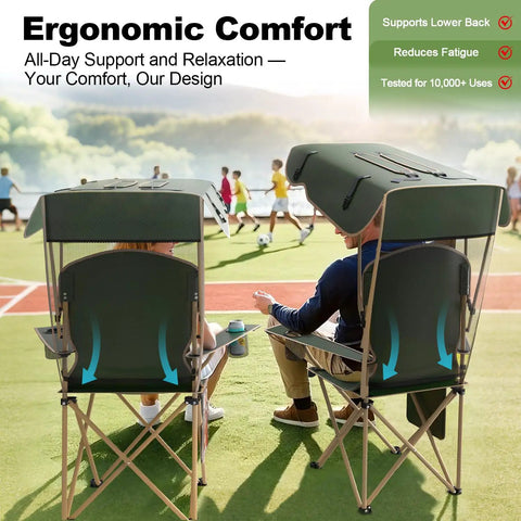 Two people sitting in Canopy Camping Chair Foldable With Sun Shade For Beach And Outdoors Your Go To Portable Folding Chair With Two Cup Holders And Storage Bag Ideal For Camping Fishing And Sports Olive Green 2 Pack on a sports field.