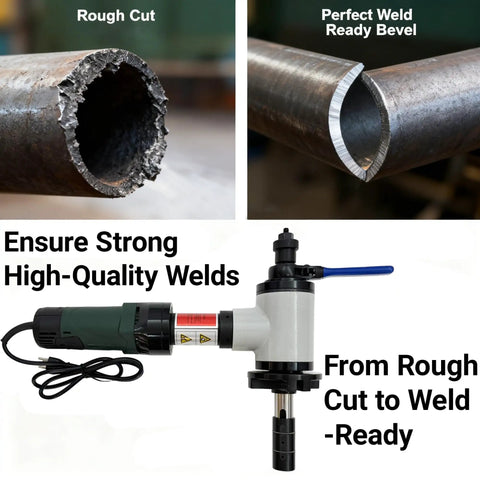 Heavy Duty Electric Pipe Beveling Machine Handheld Internal Expanding Tube Prep Tool With Knockout Power For 40 To 120 Mm ID and weld-ready bevel.