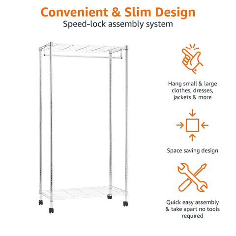 Heavy Duty Adjustable Garment Rack With Dual Chrome Wire Shelves And Smart Locking Casters Built To Hold Coats Hats Plus Gear Legit Closet Game Changer That Assembles In Zero Stress